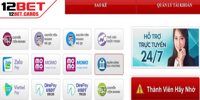Nạp tiền 12BET siêu nhanh, siêu đơn giản chỉ với vài thao tác